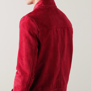 Blouson bomber en daim rouge pour homme, col rabattu, fermeture éclair, style décontracté, automne, manches classiques, couleur unie - Product Image 4
