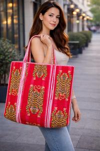 กระเป๋าโท้ทใบเล็กพิมพ์ลายบล็อกสำหรับผู้หญิง กระเป๋าถือสำหรับช้อปปิ้ง ไปเที่ยวทะเล ใช้ในชีวิตประจำวัน กระเป๋าถือแบบอินเดียดั้งเดิม สวยงาม หรูหรา - Product Image 2