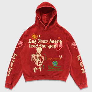 Premium <b>Red</b> Mineral Washed Puff Printed Pocket Knitted Pullover Hoodie Custom Print Cotton Fabric Eco-Friendly <b>Men's</b> <b>Sweatshirt</b> - Product Image 1