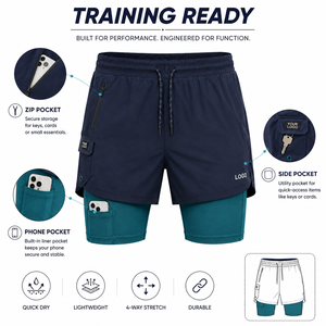 Men's Double <b>Layer</b> Running Shorts Elastic Drawstring Waist Zip Pockets Custom Logo Sporty Style Quick Dry Spandex Polyester - Product Image 1