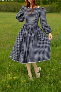 Vestido Midi de Gasa para Mujer con Manga Larga y Mangas Abullonadas, Detalle de Encaje Suave, Silueta en A, para Ocasiones Formales, 100% Algodón - Product Image 2
