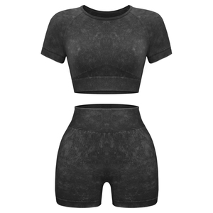 Conjunto Deportivo de 2 Piezas para Mujer, Top Corto de Manga Corta y Pantalones Cortos de Cintura Alta, Tejido Sólido Transpirable, Primavera Verano - Product Image 4