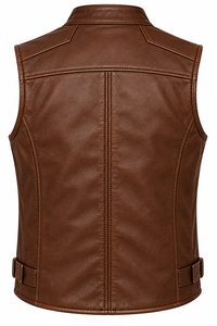 Chaleco de Motociclista de Cuero PU Marrón para Hombre, Cuello Alto, Cierre de Cremallera, Corte Regular, Color Sólido - Product Image 2