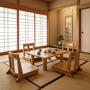 Juego de mesa de comedor de madera de teca maciza de estilo japonés, 4 sillas Zaisu sin patas, Tatami Tea Chabudai, muebles minimalistas modernos - Product Image 5