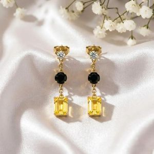 Natural Lemon Quartz Rectangle Cut & <b>Black</b> Obsidian Round Drop Earrings CZ Accent Handmade Gemstone Jewelry Fine Stud Earrings - Product Image 1