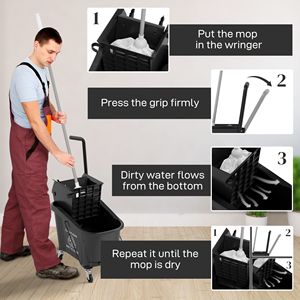 Seau à serpillière noir de 38 litres avec poignée pliable et essoreur à roulettes, chariot de nettoyage de 30L en PP - Product Image 5