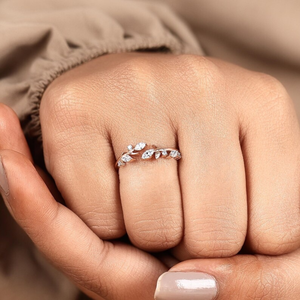Diamond leaf vine <b>open</b> <b>ring</b> lab grown marquise branch band 14K solid gold nature inspired cuff <b>ring</b> elegant jewelry for women - Product Image 1