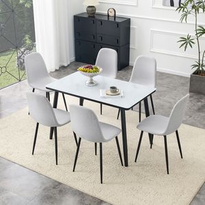 Tavolo da Pranzo Moderno Bianco con Effetto Marmo, Piano in Vetro, Base Inferiore in MDF Nero e Gambe in Metallo Nero, Set Tavolo e Sedie - Product Image 2