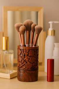 Porte-stylos en bois, organisateur de bureau, design floral sculpté rond, support de rangement à un seul niveau pour usage de bureau - Product Image 3