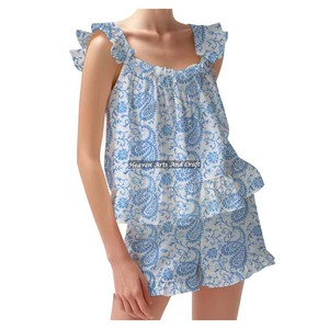 100% Cotton Long Comfy Shorts Pajama Set Soft Dress Spring/Summer Floral Fitted Strappy Ruffle <b>Trim</b> Sleeves PJ Set - Product Image 2
