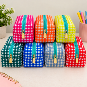 Trousse à crayons écologique en tissu à carreaux coloré faite à la main par Dolly Enterprises, fermeture éclair, rangement pour papeterie, lavable, pour maquillage - Product Image 2