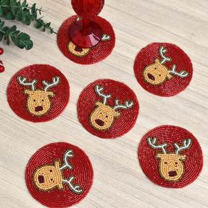 Sous-verres et sets de table antidérapants en polyester et coton rouge, motif renne de Noël bohème, 300 mm de diamètre, 3 mm, écologiques, faits à la main, pour boissons - Product Image 5