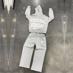 Custom Acid Wash Zipper Track Suit Set Men Puff Print Blank Flare <b>Tracksuit</b> Hoodie Sweatpants Terry Fabric Hoodie Set - Product Image 2
