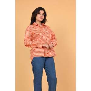 Chemisier en coton à boutons pour femme, imprimé cœurs rayés orange et blancs, manches longues, style décontracté et mignon pour la Saint-Valentin - Product Image 5