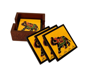 ชุดจานรองแก้วสี่เหลี่ยมลายโบราณเพ้นท์มือ  รักษ์โลก พร้อมที่วาง  วัสดุ MDF ดีไซน์อินเดีย จาก Tradnary - Product Image 2