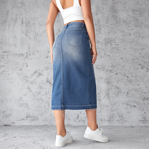 Jupe crayon en jean taille haute longueur mi-mollet avec fente avant pour femme - Product Image 4