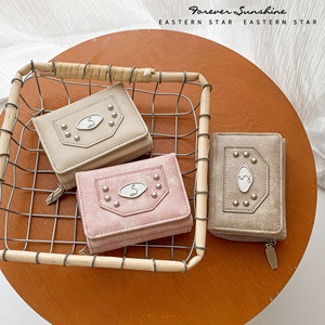 Convenient Sales Fantabulous Quality Rivet Decor Korean Style Tri-Fold Short Zip Around Coin <b>Purse</b> <b>Leather</b> Wallets For Women - Product Image 5