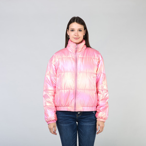 Pink Shiny <b>Quilted</b> Puffer <b>Jacket</b> Women's Winter Warm Coat Full Sleeve Stand Collar Zipper Closure Short Length - Product Image 5