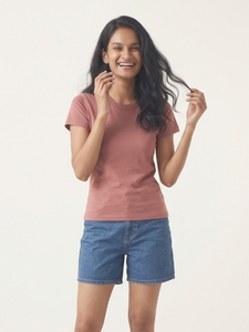 Camiseta Rosa de Corte Regular para Mujer, Informal, de Manga Corta, Cuello Redondo, Algodón, Básica, Verano, Uso Diario, Moda Urbana - Product Image 3