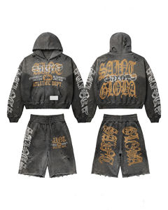 Ensemble 2 pièces de sweats à capuche et shorts de survêtement imprimés et délavés pour hommes, style streetwear personnalisé Rainbow Spray - Product Image 1