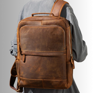 Genuine Leather Vintage Style Travel Laptop <b>Backpack</b> <b>with</b> Nylon Lining Business Casual Design 36-55L Capacity - Product Image 4