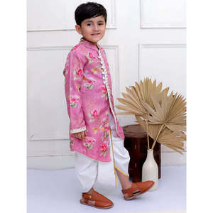 Conjunto de Kurta de Poliéster Estampado para Niño con Pantalones Dhoti, Color Malva y Blanco, Mangas Largas, Elástico, Tallas XS-XL, Modelo Lehenga Choli Saree - Product Image 3