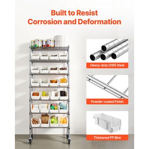 Scaffale Portaoggetti a 7 Ripiani con 24 Contenitori Piccoli, Sistema di Scaffalature in Filo d'Acciaio, Organizzatore Mobile per Attrezzi con Ruote - Product Image 6