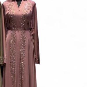 Wholesale Modest Dubai Beaded Sequined Long Sleeve <b>Abaya</b> Muslim Traditional Handmade Wedding Women Polyester Breathable V Neck - Product Image 1