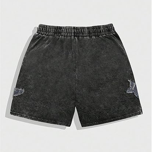 Pantalones Cortos de Algodón Lavado Negros para Hombre, Cintura Elástica, Estilo Casual Desgarrado, Corte Medio - Product Image 1