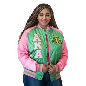 AKA <b>Pink</b> Green Satin Bomber <b>Jacket</b> Unisex Letterman Style Zip Up <b>Jacket</b> Casual Streetwear Fashion Outerwear Apparel - Product Image 2