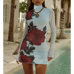 Gran oferta en Temu: vestido mini ajustado de manga larga y cuello alto para mujer con estampado de rosas rojas para fiesta de cóctel. - Product Image 1