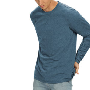 T-shirt à manches longues pour homme, gris, col rond, coupe classique, couleur unie, décontracté, tricoté en coton respirant - Product Image 2