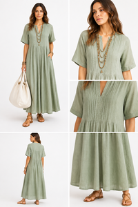 Boho Sage Green V Neck Pleated Flared Linen Blend Maxi <b>Dress</b> Short Sleeve <b>Loose</b> Fit Casual Vintage Summer Beach Women's <b>Dress</b> - Product Image 5