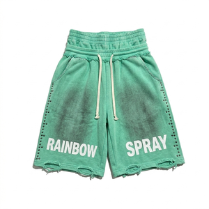 Customized Men's Summer Eco-Friendly Heavyweight Cotton Black <b>Spray</b> Washed Mid Waist Solid Sporty Street Style Shorts - Product Image 1