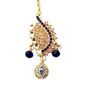 Élégante pendentif-tikka plaqué or Kundan avec strass bleus et cristal pour bijoux de front de mariage - Product Image 2