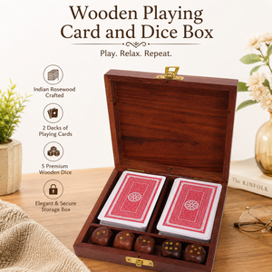 Wooden <b>Playing</b> <b>Card</b> & Dice Storage Box | Handcrafted Indian Rosewood Game Case | 2 Deck <b>Card</b> Holder with 5 Wooden Dice Gift Box - Product Image 3