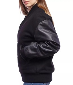 Women's Black Varsity Jacket Leather Sleeves V-neck Collar Full Sleeve Regular Length Solid Color Cotton Lining Raw Canvas - Product Image 2