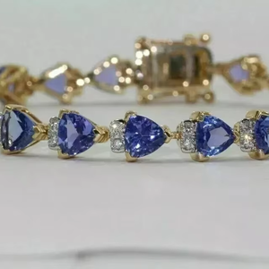 Pulsera de tenis Tishya con moissanita azul de corte trillón, chapada en oro amarillo de 925 sobre plata de ley, 19 g, joyería de lujo para mujer - Product Image 1