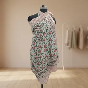 Sari de algodón blanco con estampado floral a mano, motivos de flores de durazno, borde a rayas, reversible, ropa étnica tradicional para la parte delantera - Product Image 4