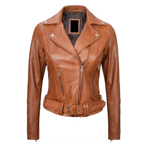 Chaqueta de Motociclista de Cuero de Oveja Marrón para Mujer, Manga Larga, Transpirable, Cierre de Cremallera, Cuello Camisero, Largo Regular - Product Image 1