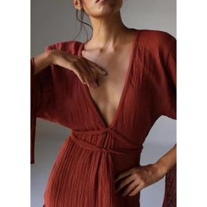 Women Rust <b>Red</b> Cotton Dress Deep V Neck Long Sleeve Boho Wrap Dress Beach Resort Vacation Wear - Product Image 4