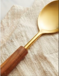 Wooden Handle Sleek Matte Gold Finished Stainless Steel Salad <b>Server</b> Perfect For Restaurants Hotel And Resort - Product Image 2