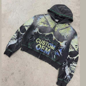 Nueva Sudadera con Capucha para Hombre, Diseño Personalizado OEM, Estampado Digital con Diseño de Calavera, Cierre de Cremallera, Estilo Urbano, Tejido Grueso de 400 GSM, Efecto Desgastado - Product Image 1