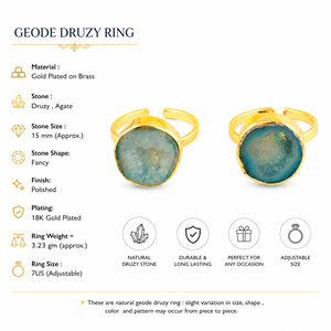 Natural Aqua Druzy Agate Raw Gemstone Bezel Setting Japanese <b>Adjustable</b> <b>Rings</b> 18k Gold Plated Brass Unique New Fashion Women - Product Image 1