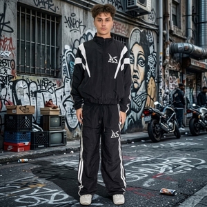 Survêtement en coton délavé à l'acide, style baggy évasé, imprimé sur mesure, pour homme - Product Image 1