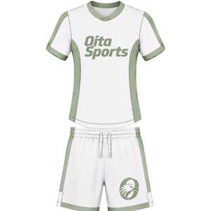 Ensemble short et maillot de rugby vert sauge blanc, manches courtes, col en V, uniforme d'équipe personnalisé, respirant, entraînement, sportswear athlétique - Product Image 1