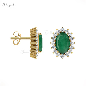 14K Fine Gold Natural <b>Emerald</b> Dainty <b>Studs</b> Earrings with Halo White Diamond 6X4MM Oval Cut Gemstone Earrings at Factory Price - Product Image 3
