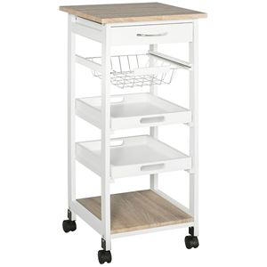 Carrello da Cucina Bianco Antico/Moderno con Cassetti, Ripiani e Cesto, Costruzione in Legno Massello - Product Image 1
