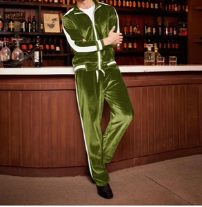 Men's Olive Green Velvet Tracksuit Full Sleeve Turn-<b>down</b> Collar Casual Jogger <b>Pants</b> Set Solid Color Breathable Midweight Regular - Product Image 1
