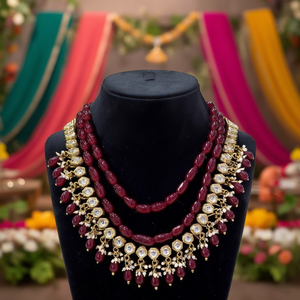 Gold Plated Kundan Multi <b>Layer</b> <b>Necklace</b> Set with Beads Fashionable <b>Fashion</b> Accessory - Product Image 3
